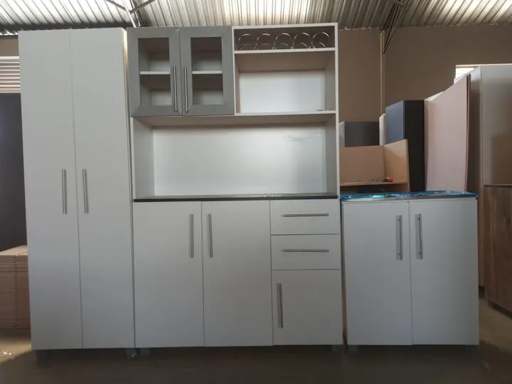 Grey and white freestanding kitchen unit set